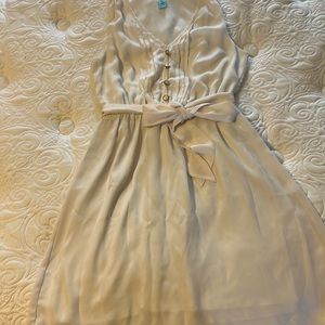 Off-white dress with tie belt and gold accent buttons